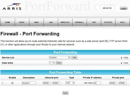 Arris SBR-AC1750 Firewall Port Forwarding