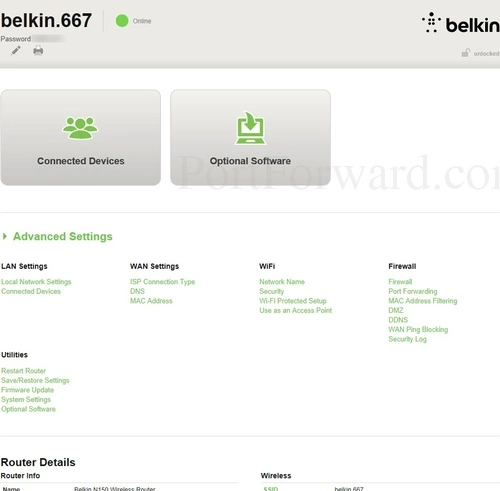 Belkin F9K1009v2 Dashboard Advanced Settings