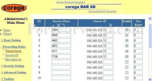 Corega BarSD port forward