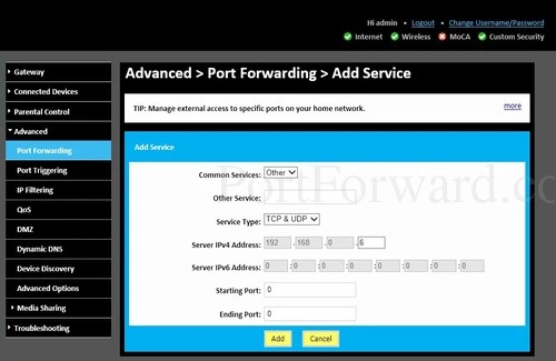 Technicolor TC8715D Port Forwarding Add Service