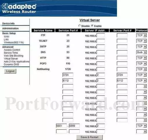 Adaptec AWM-8084 port forward