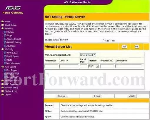Asus WL-500GP port forward