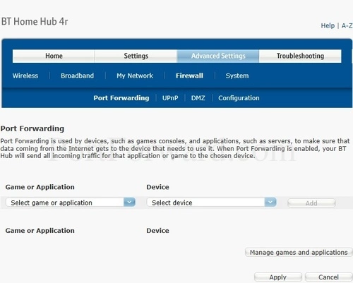 BT Home Hub 4r Port Forwarding Advanced