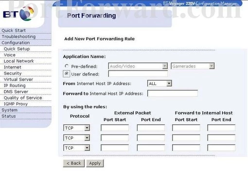 BT Voyager210 port forward