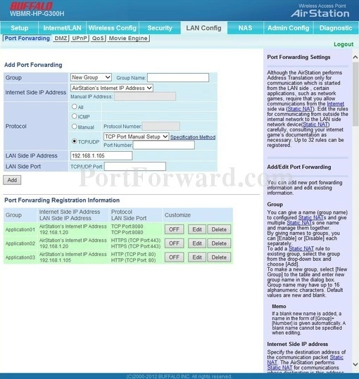 Buffalo WBMR-HP-G300H port forward