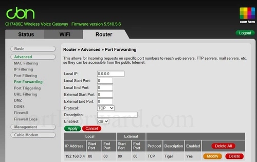 CBN CH7486E Port Forwarding Add