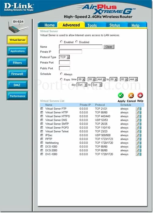 Dlink DI-624+ Virtual Server