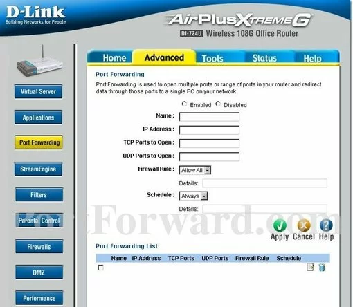 Dlink DI-724U port forward