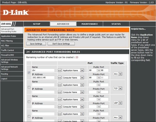 Dlink DIR-605L Advanced Port Forwarding Rules