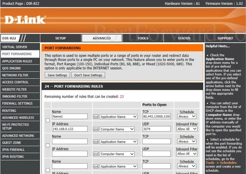 D-Link DIR-822 Port Forwarding