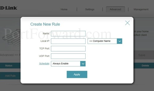 D-Link DIR-890L Port Forwarding Add Rule