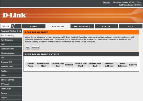 Dlink DSL-225 Port Forwarding