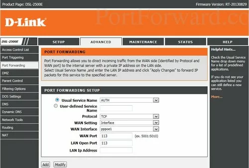 Dlink DSL-2500E Port Forwarding