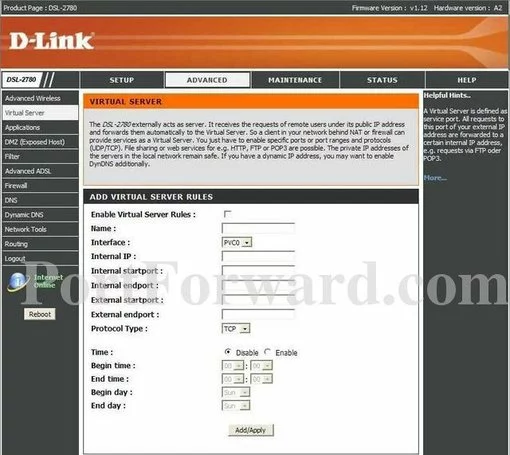 Dlink DSL-2780 port forward