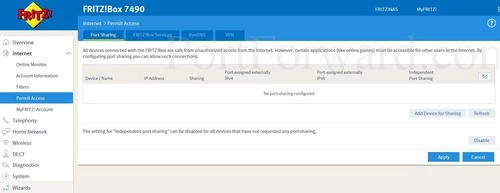 FRITZ BOX 7490 Permit Access Port Sharing