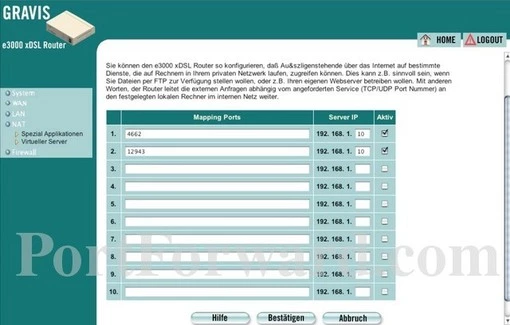 Gravis Plus e3000xdsl port forward