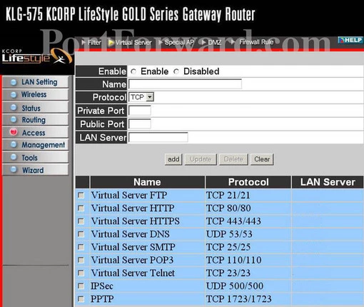 Kcorp KLG-575 port forward