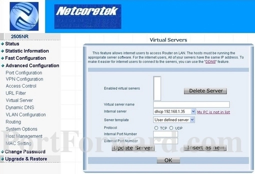 Netcoretek 2105NR port forward