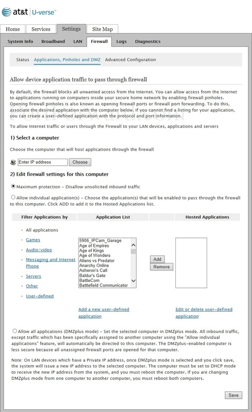 Pace Plc 3801HGV Firewall Applications Pinholes and DMZ