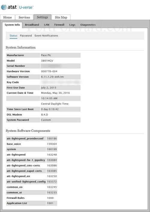 Pace Plc 3801HGV System Info Status