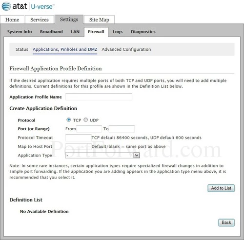 Pace Plc 5268AC Applications Pinholes and DMZ Firewall Application Profile Definition