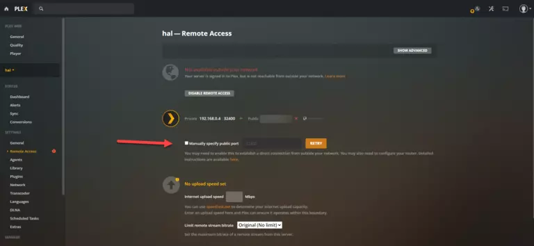 plex remote access specify port