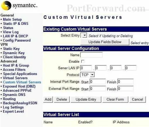 Symantec 200R port forward