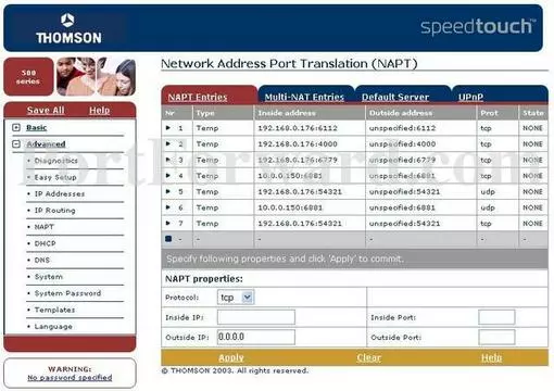 Thomson-Alcatel SpeedTouch580 port forward