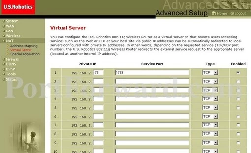 US Robotics xx5462 port forward