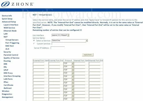 Zhone 6519-A2 Virtual Servers Add