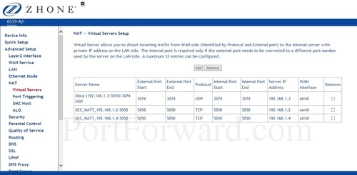 Zhone 6519-A2 Virtual Servers