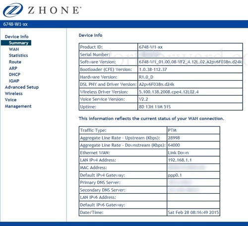 Zhone 6748-W1-xx Device Info