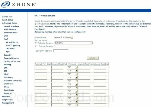 Zhone 6748-W1-xx Virtual Servers Add